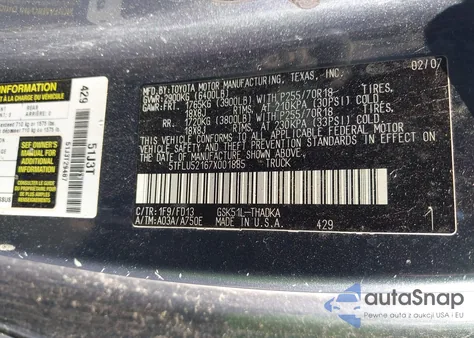 2007 Toyota Tundra Base V6 z USA, uszkodzony, nr VIN 5TFLU52167X001885